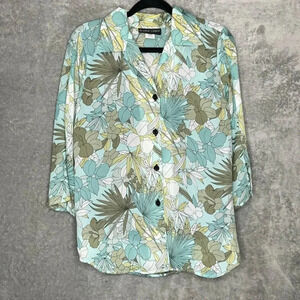 Gloria Lance XL Shirt Top Blue Floral Button Up V Neck 3/4 Sleeve Casual Womens